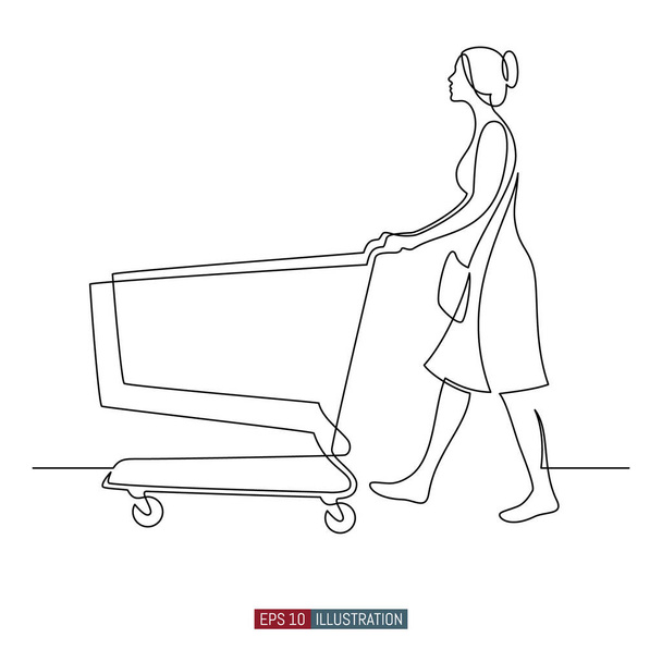 Continuous line drawing of Woman pushes a shopping cart. Girl in the supermarket. Shopping. Template for your design. Vector illustration. - Vektor, Bild