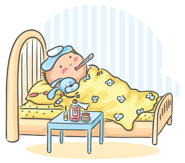 παιδί έχεις γρίπη και είναι ξαπλωμένη στο κρεβάτι με ένα θερμόμετρο - Διάνυσμα, εικόνα