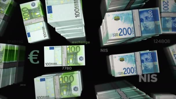 Euro and Israel Shekel money exchange. Paper banknotes pack bundle. Concept of trade, economy, competition, crisis, banking and finance. Notes loopable seamless 3d animation. - Кадры, видео