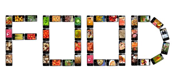 最近の携帯電話から作られた単語食品 - 写真・画像