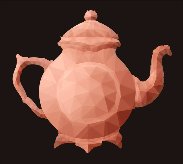 Beautiful colorful low poly vector illustration with brown decorative teapot isolated on the dark background - Вектор, зображення