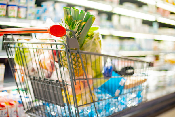 A shopping cart with grocery products in a supermarket - Fotoğraf, Görsel