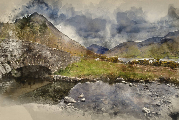 Ψηφιακή ακουαρέλα ζωγραφικής του εντυπωσιακού τοπίου των Wast Water και Lake District Peaks την καλοκαιρινή μέρα αντανακλάται στην τέλεια λίμνη - Φωτογραφία, εικόνα