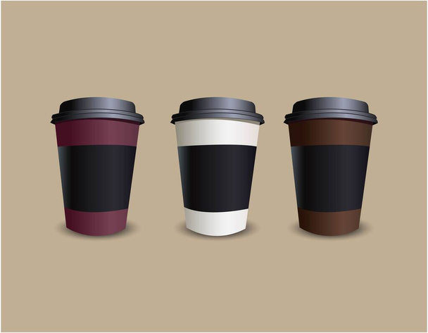 Um conjunto de copos de café de papelão: roxo, branco e marrom - Vetor, Imagem