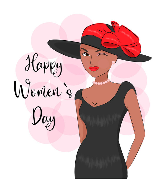 Lady in hat concept March 8, Womens Day, March 8 isolated on white background, in retro style International Womens Day, Postcard for March 8 print on textiles, or gift wrapping - Vector, Image