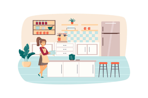 Woman cooking in kitchen scene. Housewife holds dishes, pan is on stove, preparing breakfast or lunch. Household and daily routine concept. Illustration of people characters in flat design - Foto, imagen