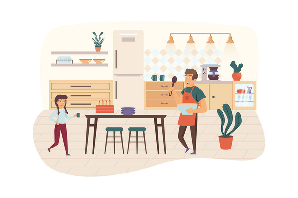 Family cooking breakfast or holiday dinner in kitchen scene. Father holds bowl, daughter drink tea, cake is on table. Household routine concept. Illustration of people characters in flat design - Foto, Bild