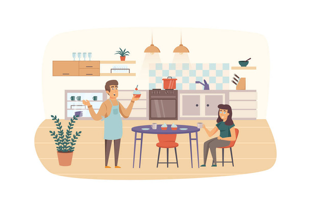Couple cooking and eating in kitchen scene. Man makes cupcakes, woman drinks coffee. Homemade pastry, household and daily routine concept. Illustration of people characters in flat design - 写真・画像
