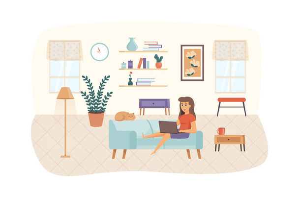 Freelancer works at home scene. Woman sits on sofa with laptop and cat in living room. Freelance, remote work, comfortable office concept. Illustration of people characters in flat design - Valokuva, kuva