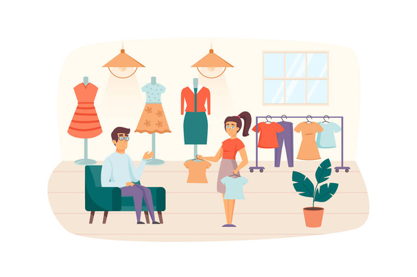 Couple shopping in clothing store scene. Man and woman in fitting room choosing stylish clothes. Buyers at boutique, retail and sales concept. Illustration of people characters in flat design - Fotoğraf, Görsel