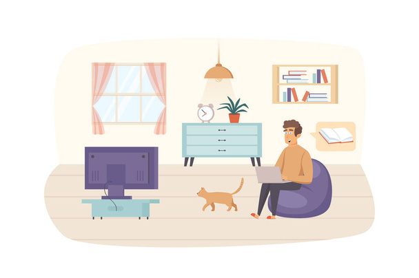 Man studying using laptop sitting on bag chair with cat in living room scene. Online education, e-learning, distance homeschooling concept. Illustration of people characters in flat design - Fotoğraf, Görsel