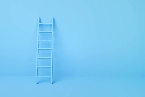step ladder on a blue wall, 3d rendering - Zdjęcie, obraz