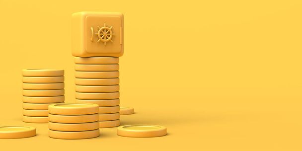 Safety deposit box on top of a pile of coins. Bank security. Copy space. 3D illustration. - Foto, Imagem