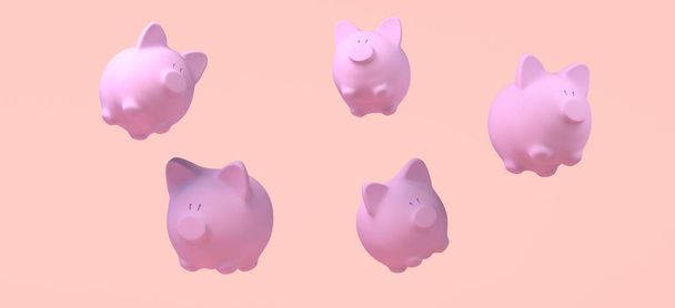 Piggy banks floating on pink background. Copy space. 3D illustration. - Photo, Image