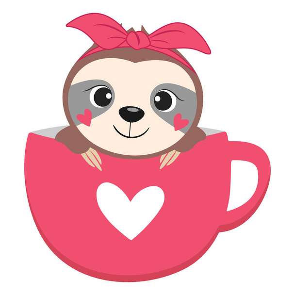 Cute lovely Sloth in mug with heart. Vector illustration. - Vector, afbeelding
