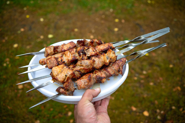 Skewer with shish kebab on a white plate. The waiters hand holds a dish of fried meat. - Photo, image