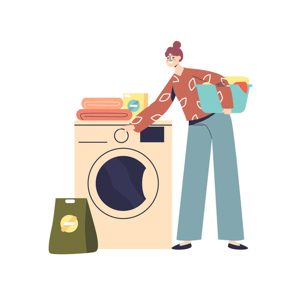 Mujer cargando la lavadora para limpiar la ropa. Joven ama de llaves. Actividades domésticas - Vector, Imagen