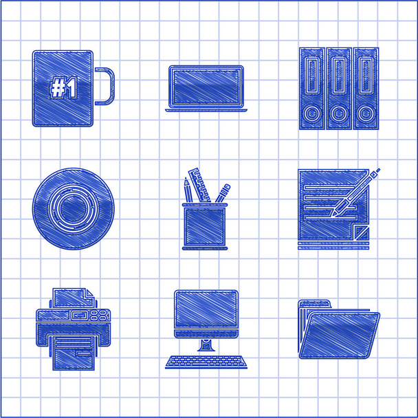 Set Pencil case stationery, Computer monitor with keyboard, Document folder, Blank notebook and pen, Printer, Scotch, Office folders papers documents and Coffee cup icon. Vector - Vektor, obrázek