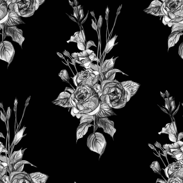 Retro Seamless pattern with a bouquet of roses and branches drawn - Foto, afbeelding