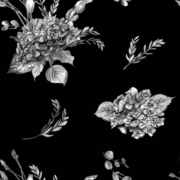 Vintage black and white seamless pattern with bouquets of hydrangea flowers - Foto, afbeelding