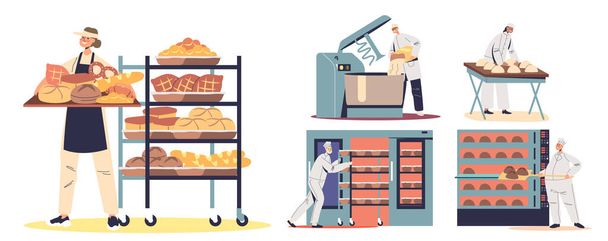 Bakery industry and bread production. People bakers work with pastry, dough and industrial equipment - Vector, imagen