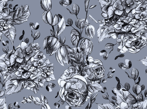 Vintage seamless monochrome floral pattern with hydrangeas and roses drawn - Foto, Bild