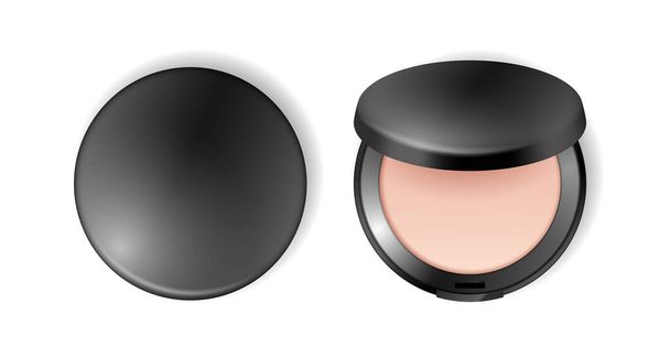 Face compact makeup powder face highlighter. Realistic cosmetic powder in black round plastic case - Wektor, obraz