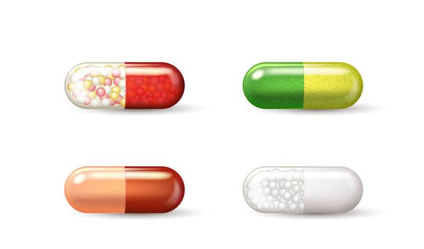 Set of medical pills, realistic capsules with colorful glossy halves. Pharmacy drugs, antibiotics - Vector, Image