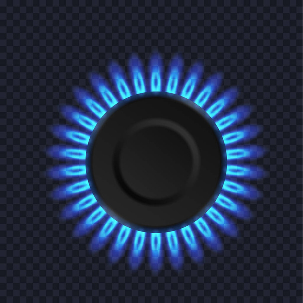 Modern gas burner with blue flame realistic. Top view kitchen gas burner ring. Propane butane oven - Vector, Imagen