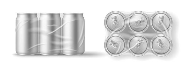 Latas de lata en plástico, seis refrescos, frascos de metal de cerveza frente y vista superior. Recipientes de cilindro realistas - Vector, imagen