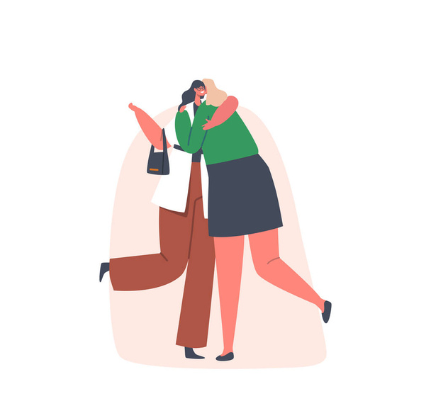 Happy Women Hugging, Girl Friends Greeting or Supporting Each Other. Female Characters Informal Greetings, Friendship - Vector, Imagen