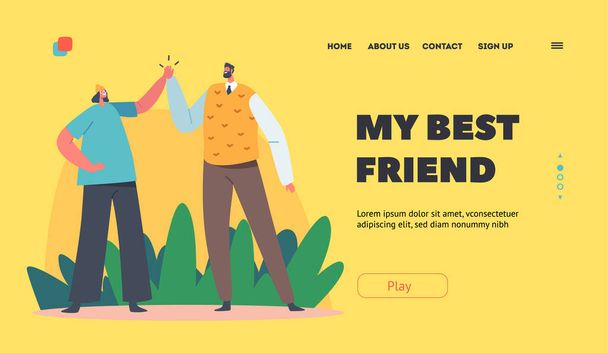 Best Friends Landing Page Template. Male and Female Characters Informal Greetings, Happy People Giving High Five - Vetor, Imagem