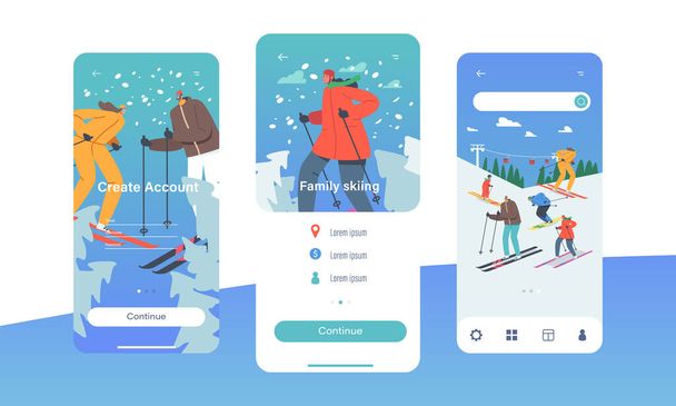 Family Skiing Mobile App Σελίδα επί του σκάφους Πρότυπο οθόνης. Happy Characters Riding Ski by Snow Slopes on Winter Resort - Διάνυσμα, εικόνα