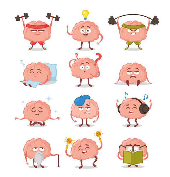 Brain Characters, Cute Cartoon Mascot With Funny Face Listen Music in Headset, Reading Book, Sports Workout, Sleeping - Vecteur, image