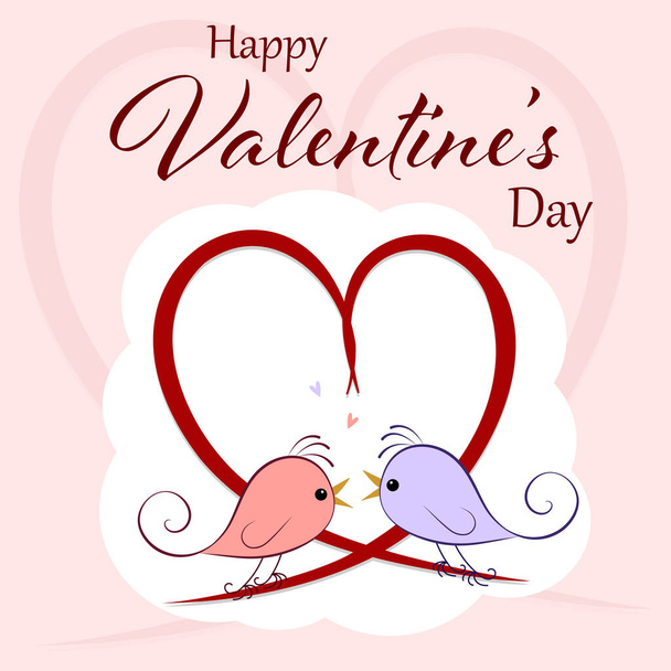 Happy Valentines Day. Two bird couple. Cute cartoon kawaii funny baby character. Pink hearts. Love Greeting card. Sticker print. Flat design. Isolated. Vector illustration - Vector, Image