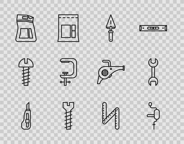 Set lijn Stationery mes, Handboor, Troffel, Metallic schroef, Cement tas, Klem gereedschap, Vouwliniaal en moersleutel icoon. Vector - Vector, afbeelding