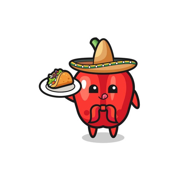 red bell pepper Mexican chef mascot holding a taco , cute design - Vetor, Imagem