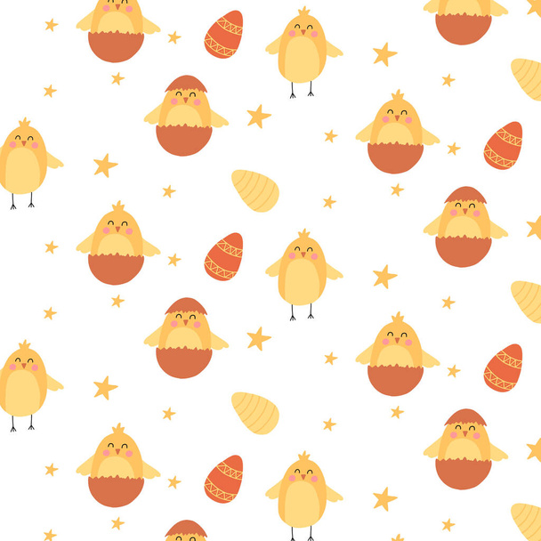 Vector seamless pattern with cute chicken and Easter eggs. Childrens pattern with chickens. Easter pattern. - Vecteur, image