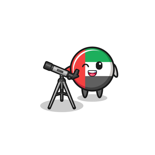 uae flag astronomer mascot with a modern telescope , cute design - Vector, Imagen