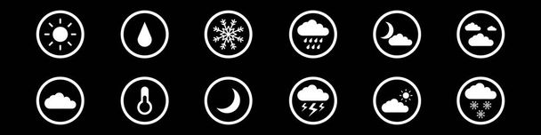 Ikony počasí nastaveny. Moderní bílé piktogramy pro předpověď designu aplikací. Trendy plochý styl vektorové ilustrace izolované na černém pozadí. EPS 10 - Vektor, obrázek