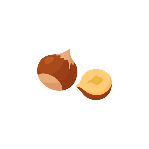 Hazelnut whole and hazelnut opened half, cartoon colored vector illustration. Brown nut, isolated on white background. - Διάνυσμα, εικόνα