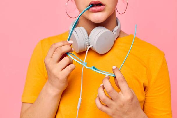 funny girl wearing headphones blue glasses close-up emotions isolated backgrounds unaltered - Φωτογραφία, εικόνα