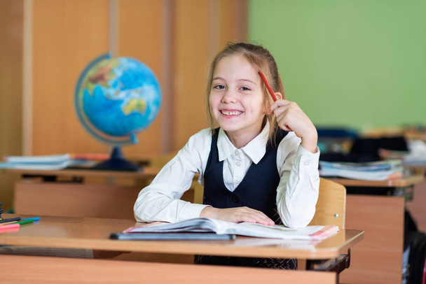 A cute girl schoolgirl sits at a desk surrounded by books. Looks into the camera. School life - Foto, Bild