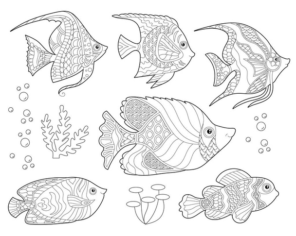 Contour linear illustration. Set  with fishes and ocean corals for coloring book. Cute objects, anti stress picture. Line art design for adult or kids in zentangle style and coloring page. - Вектор,изображение