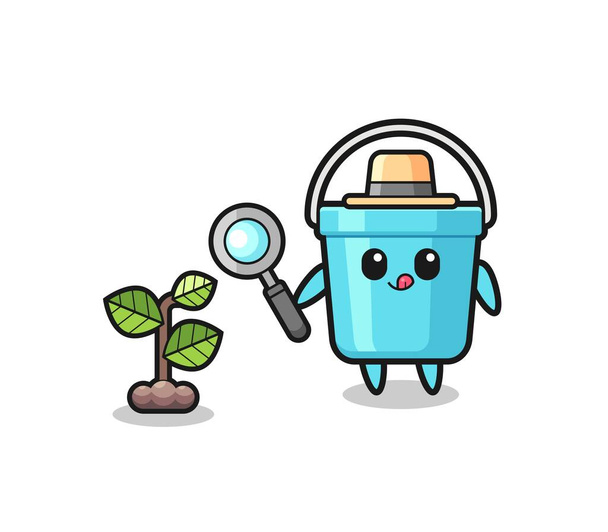 cute plastic bucket herbalist researching a plant - Vector, Image