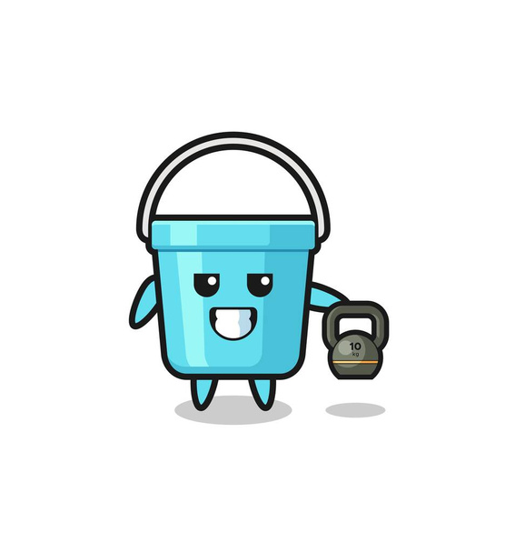 plastic bucket mascot lifting kettlebell in the gy - Vektor, obrázek