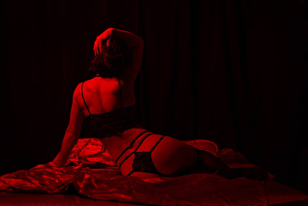 Sexy woman in sensitive black lingerie posing with her back on the bed. Colored lighting. - Foto, afbeelding