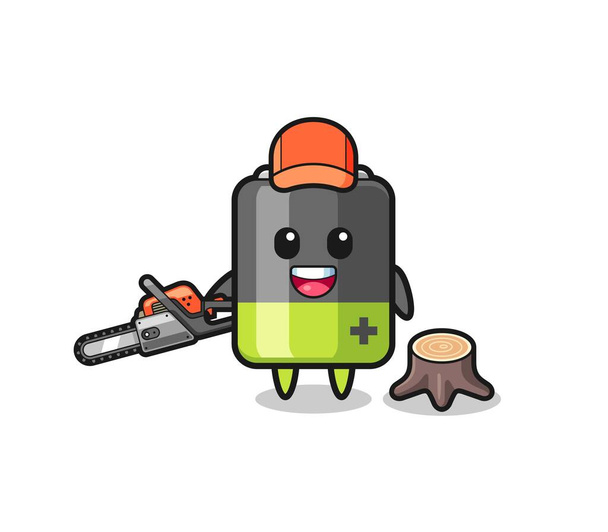 battery lumberjack character holding a chainsaw , cute design - Vektor, obrázek