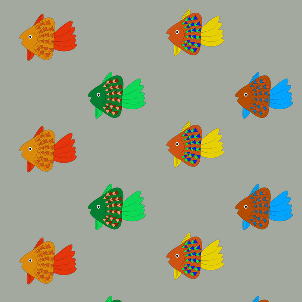Patrón con peces pintados de colores. Puede ser utilizado para el papel pintado, textiles, embalaje, tarjetas, cubiertas. Pequeño animal lindo sobre un fondo azul. - Foto, Imagen