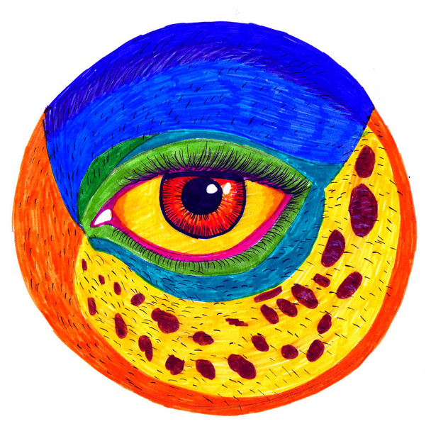 Рисунок фломастером, желто-красный человеческий глаз на разноцветной коже. - Фото, изображение